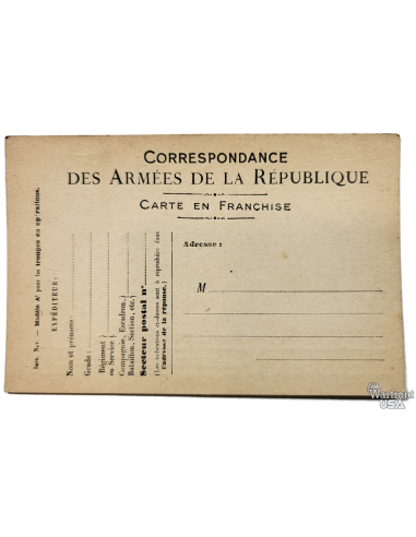 WWI French Military Postal Card - Correspondence of the Armies of the Republic