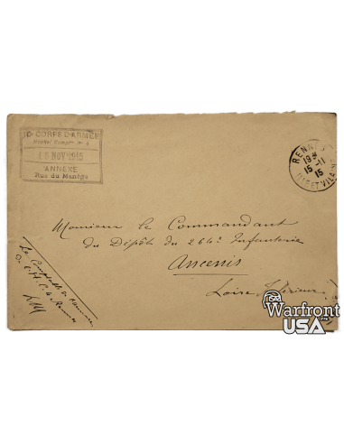 WWI French Military Envelope - "Corps D'armee Annexe rue du Manege"